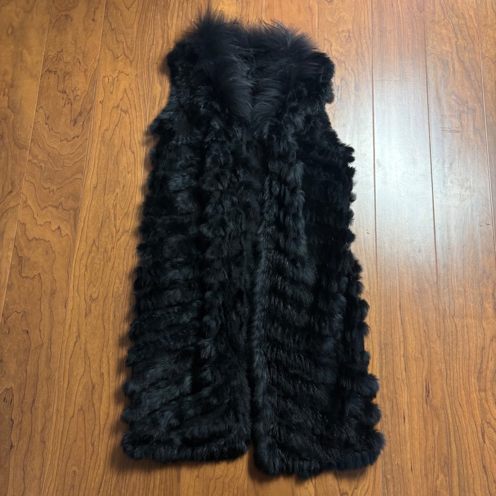 Black Real Fur Longline Knit Vest Sleeveless Open Front Jacket XS